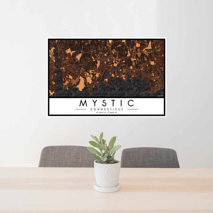 24x36 Mystic Connecticut Map Print Landscape Orientation in Ember Style Behind 2 Chairs Table and Potted Plant
