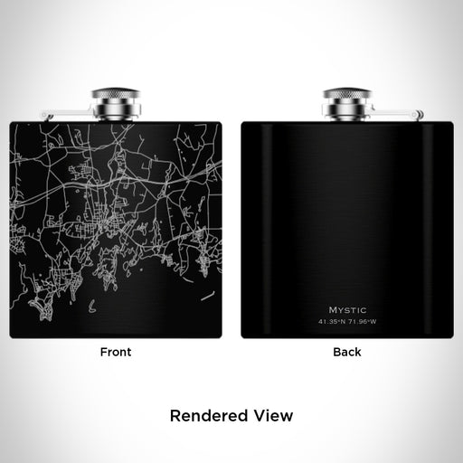 Rendered View of Mystic Connecticut Map Engraving on 6oz Stainless Steel Flask in Black