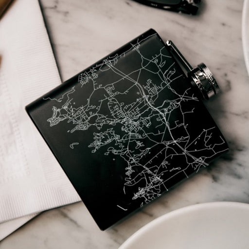 Mystic Connecticut Custom Engraved City Map Inscription Coordinates on 6oz Stainless Steel Flask in Black