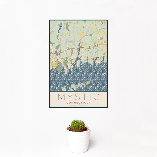 12x18 Mystic Connecticut Map Print Portrait Orientation in Woodblock Style With Small Cactus Plant in White Planter