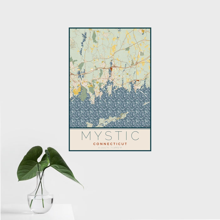 16x24 Mystic Connecticut Map Print Portrait Orientation in Woodblock Style With Tropical Plant Leaves in Water