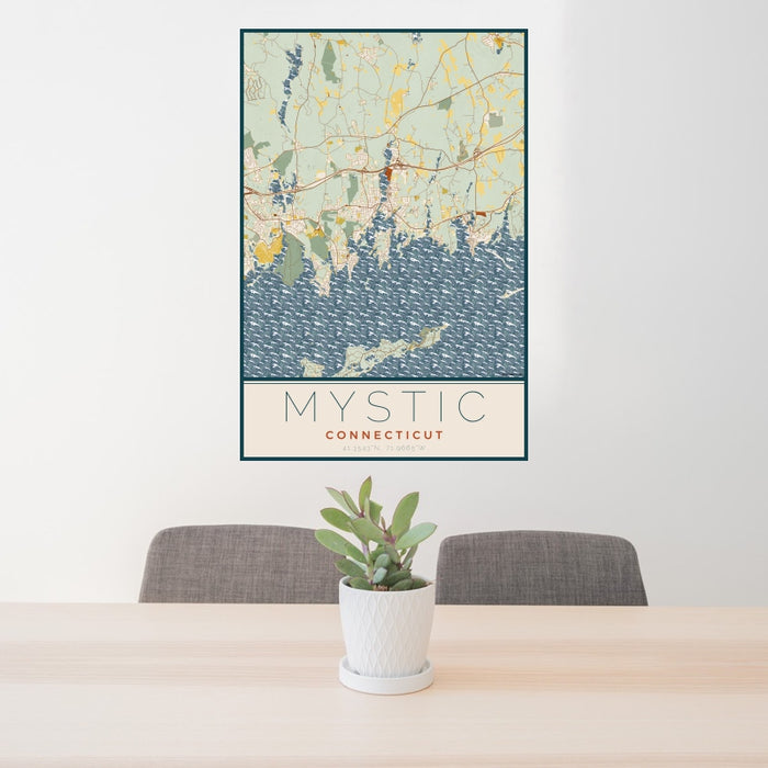 24x36 Mystic Connecticut Map Print Portrait Orientation in Woodblock Style Behind 2 Chairs Table and Potted Plant