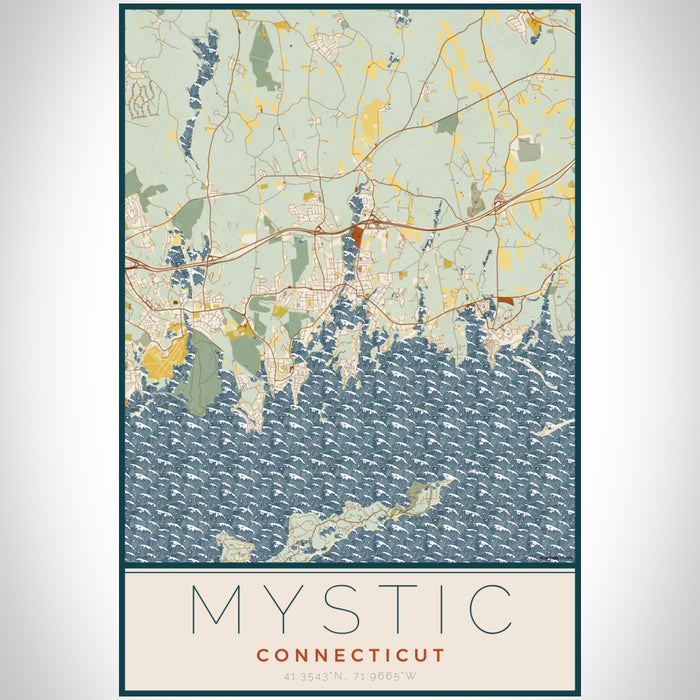 Mystic Connecticut Map Print Portrait Orientation in Woodblock Style With Shaded Background