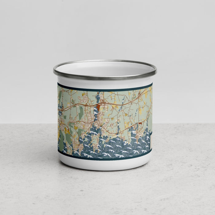 Front View Custom Mystic Connecticut Map Enamel Mug in Woodblock