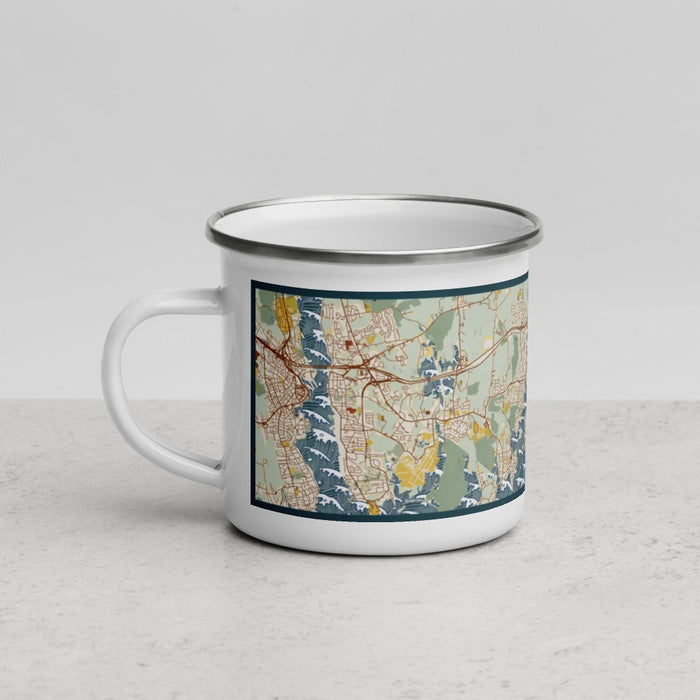 Left View Custom Mystic Connecticut Map Enamel Mug in Woodblock