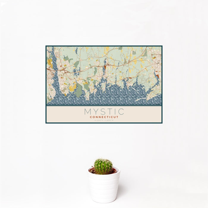 12x18 Mystic Connecticut Map Print Landscape Orientation in Woodblock Style With Small Cactus Plant in White Planter