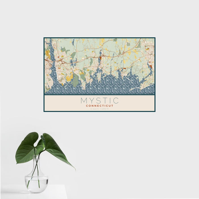 16x24 Mystic Connecticut Map Print Landscape Orientation in Woodblock Style With Tropical Plant Leaves in Water