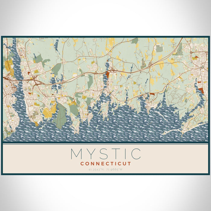 Mystic Connecticut Map Print Landscape Orientation in Woodblock Style With Shaded Background