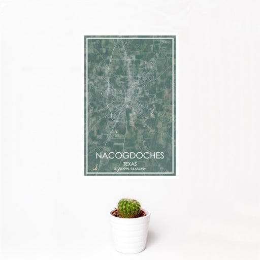 12x18 Nacogdoches Texas Map Print Portrait Orientation in Afternoon Style With Small Cactus Plant in White Planter
