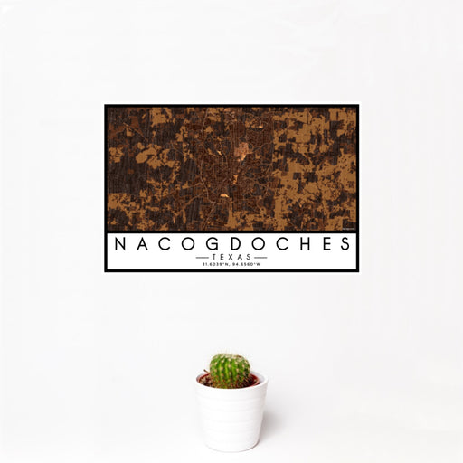 12x18 Nacogdoches Texas Map Print Landscape Orientation in Ember Style With Small Cactus Plant in White Planter