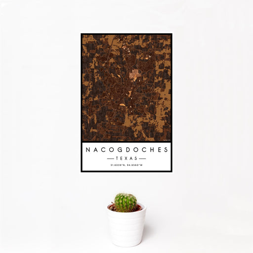 12x18 Nacogdoches Texas Map Print Portrait Orientation in Ember Style With Small Cactus Plant in White Planter