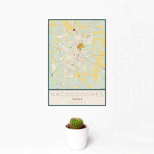 12x18 Nacogdoches Texas Map Print Portrait Orientation in Woodblock Style With Small Cactus Plant in White Planter