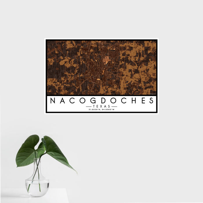 16x24 Nacogdoches Texas Map Print Landscape Orientation in Ember Style With Tropical Plant Leaves in Water