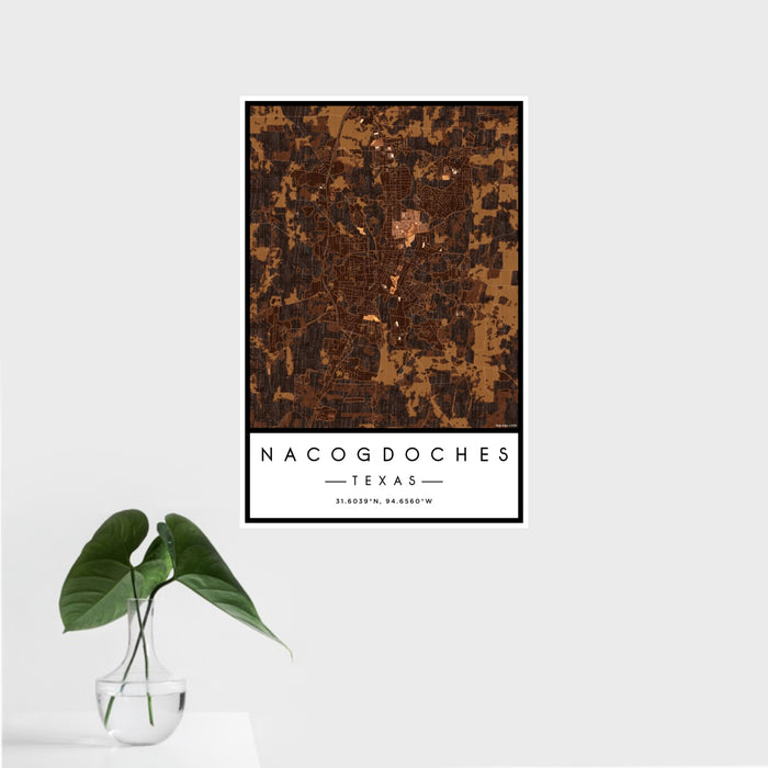 16x24 Nacogdoches Texas Map Print Portrait Orientation in Ember Style With Tropical Plant Leaves in Water