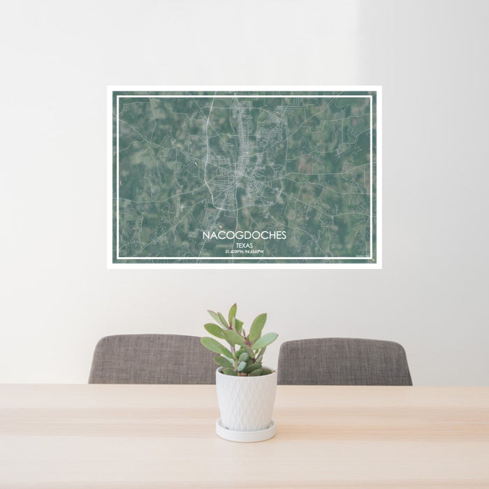 24x36 Nacogdoches Texas Map Print Lanscape Orientation in Afternoon Style Behind 2 Chairs Table and Potted Plant