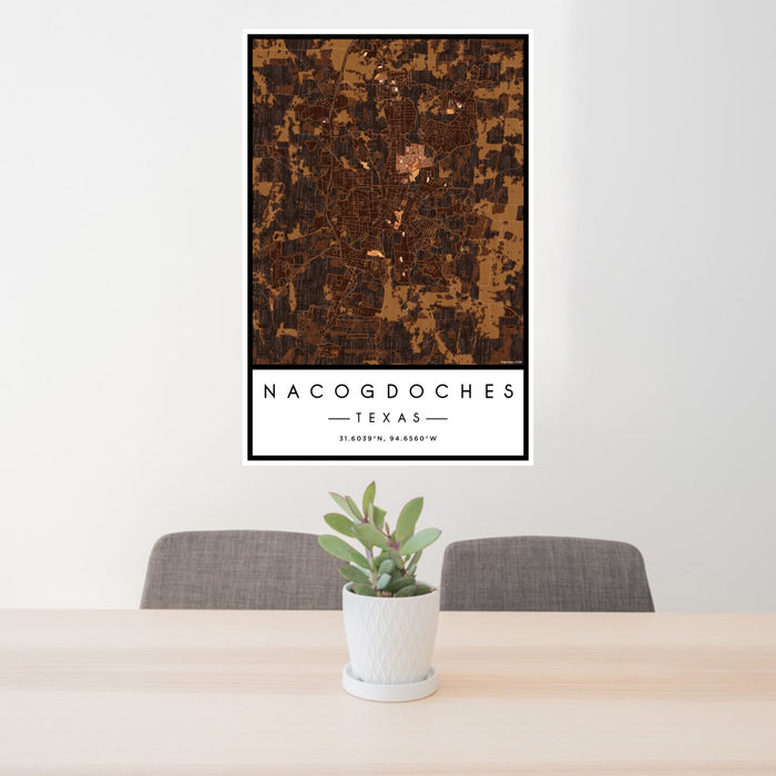 24x36 Nacogdoches Texas Map Print Portrait Orientation in Ember Style Behind 2 Chairs Table and Potted Plant