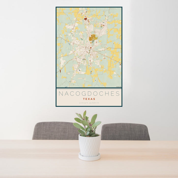 24x36 Nacogdoches Texas Map Print Portrait Orientation in Woodblock Style Behind 2 Chairs Table and Potted Plant