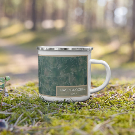 Right View Custom Nacogdoches Texas Map Enamel Mug in Afternoon on Grass With Trees in Background