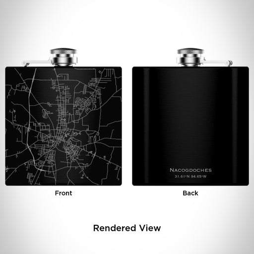 Rendered View of Nacogdoches Texas Map Engraving on 6oz Stainless Steel Flask in Black