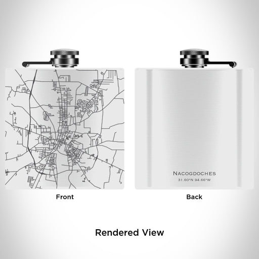 Rendered View of Nacogdoches Texas Map Engraving on 6oz Stainless Steel Flask in White