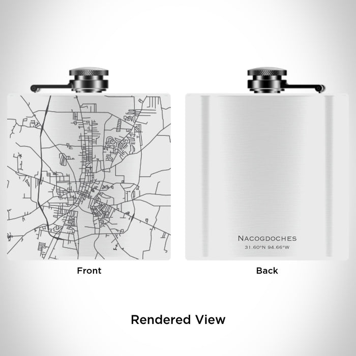 Rendered View of Nacogdoches Texas Map Engraving on 6oz Stainless Steel Flask in White