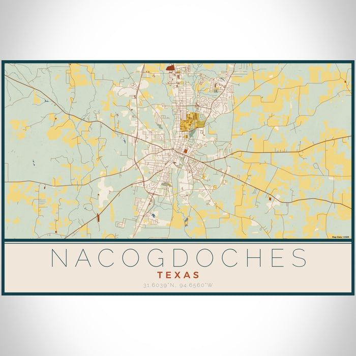 Nacogdoches Texas Map Print Landscape Orientation in Woodblock Style With Shaded Background