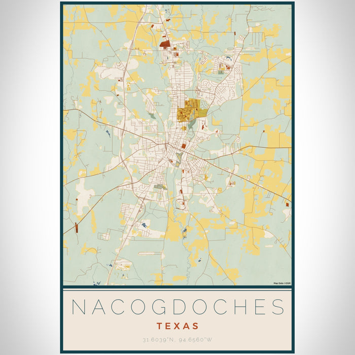 Nacogdoches Texas Map Print Portrait Orientation in Woodblock Style With Shaded Background