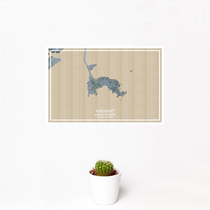 12x18 Nahant Massachusetts Map Print Landscape Orientation in Afternoon Style With Small Cactus Plant in White Planter