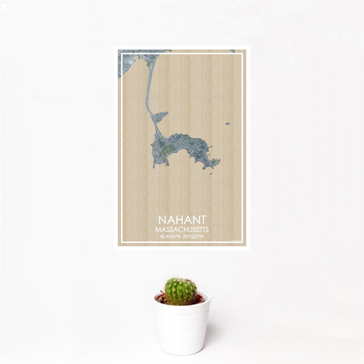 12x18 Nahant Massachusetts Map Print Portrait Orientation in Afternoon Style With Small Cactus Plant in White Planter