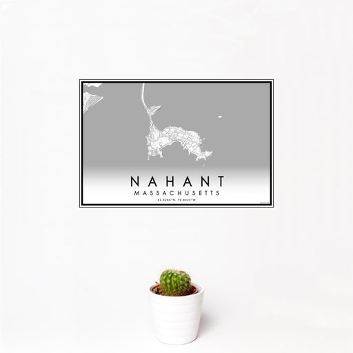 12x18 Nahant Massachusetts Map Print Landscape Orientation in Classic Style With Small Cactus Plant in White Planter