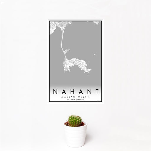 12x18 Nahant Massachusetts Map Print Portrait Orientation in Classic Style With Small Cactus Plant in White Planter