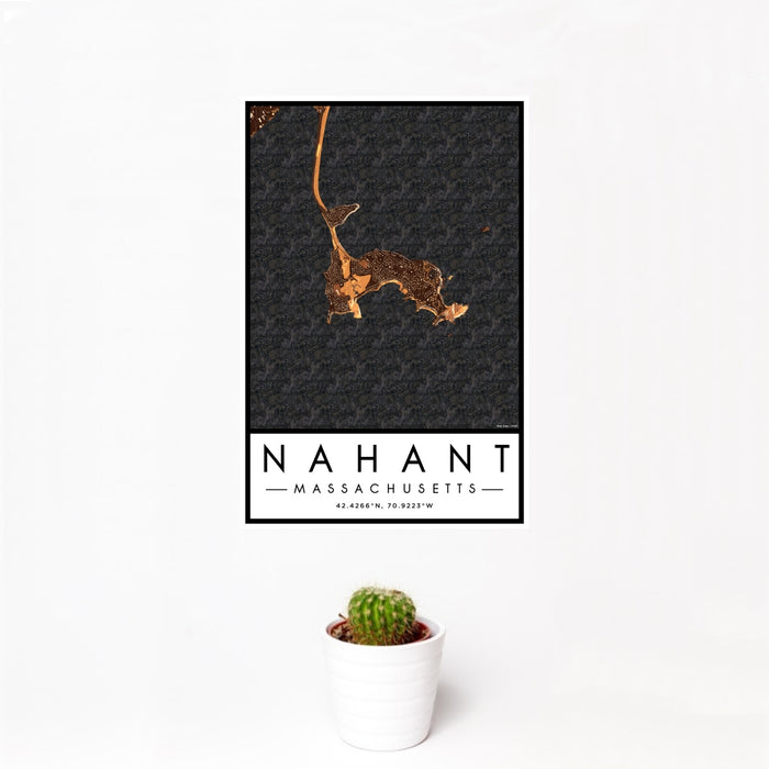 12x18 Nahant Massachusetts Map Print Portrait Orientation in Ember Style With Small Cactus Plant in White Planter