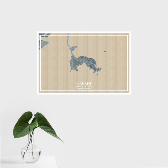 16x24 Nahant Massachusetts Map Print Landscape Orientation in Afternoon Style With Tropical Plant Leaves in Water