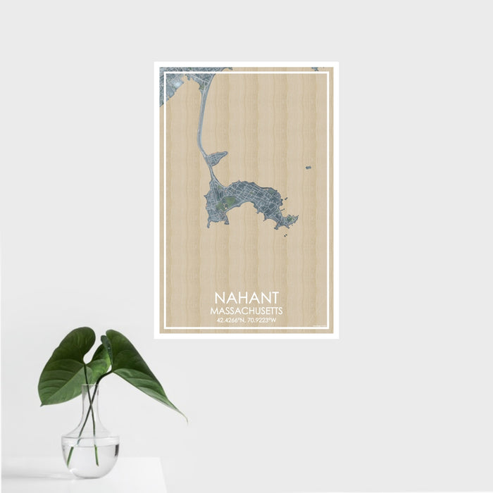 16x24 Nahant Massachusetts Map Print Portrait Orientation in Afternoon Style With Tropical Plant Leaves in Water