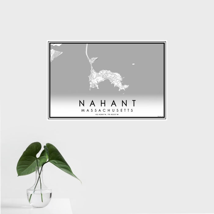 16x24 Nahant Massachusetts Map Print Landscape Orientation in Classic Style With Tropical Plant Leaves in Water