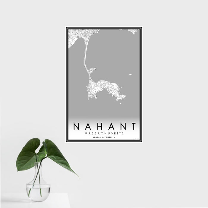 16x24 Nahant Massachusetts Map Print Portrait Orientation in Classic Style With Tropical Plant Leaves in Water