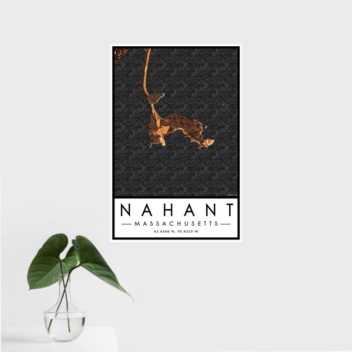 16x24 Nahant Massachusetts Map Print Portrait Orientation in Ember Style With Tropical Plant Leaves in Water
