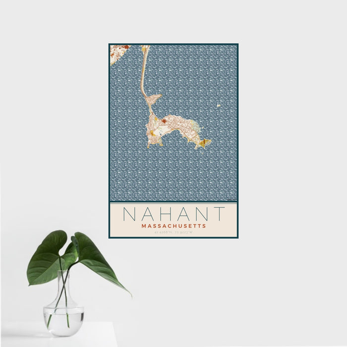 16x24 Nahant Massachusetts Map Print Portrait Orientation in Woodblock Style With Tropical Plant Leaves in Water