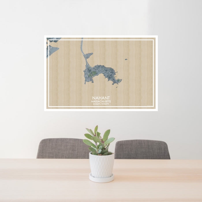 24x36 Nahant Massachusetts Map Print Lanscape Orientation in Afternoon Style Behind 2 Chairs Table and Potted Plant