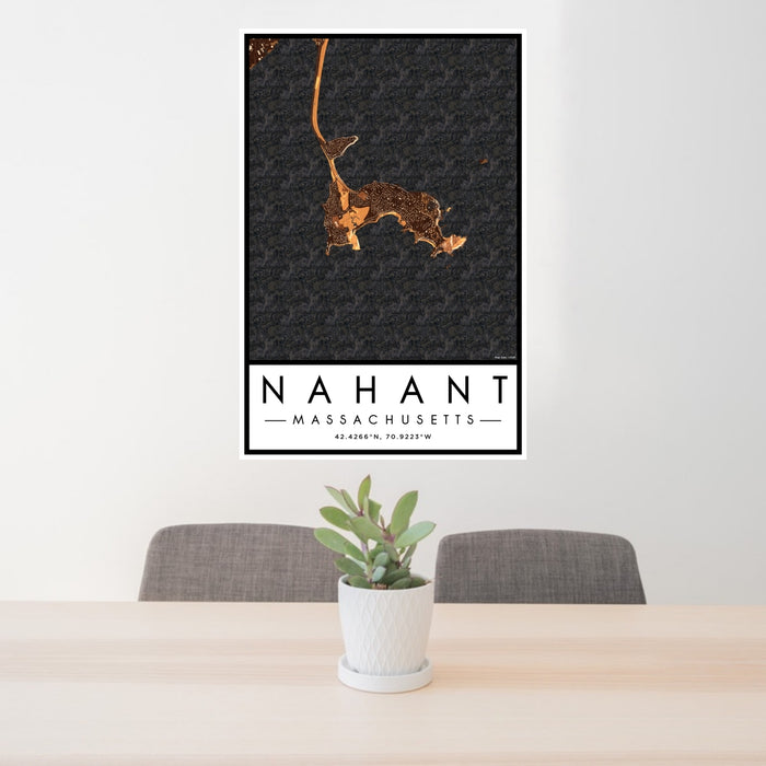 24x36 Nahant Massachusetts Map Print Portrait Orientation in Ember Style Behind 2 Chairs Table and Potted Plant