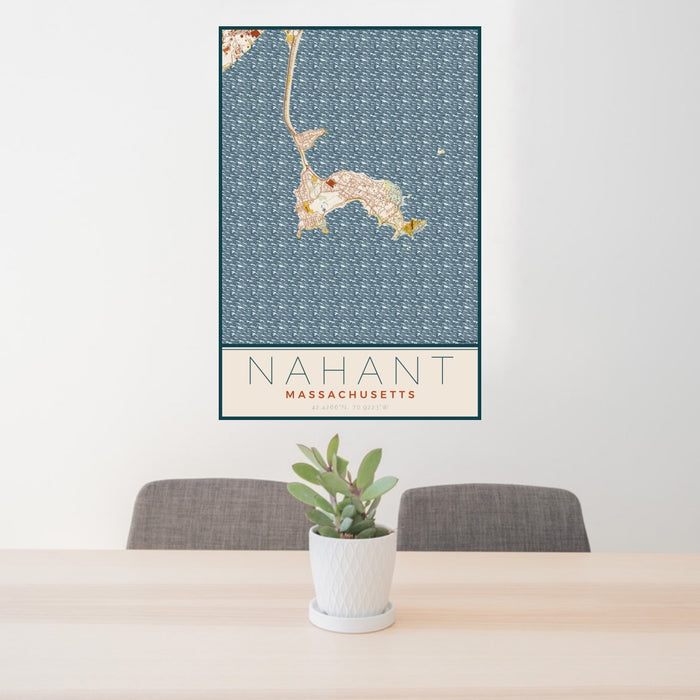 24x36 Nahant Massachusetts Map Print Portrait Orientation in Woodblock Style Behind 2 Chairs Table and Potted Plant