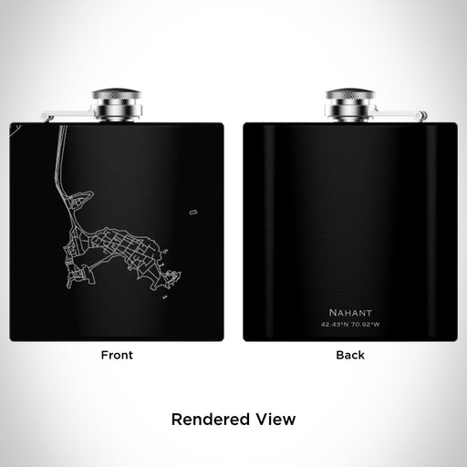 Rendered View of Nahant Massachusetts Map Engraving on 6oz Stainless Steel Flask in Black