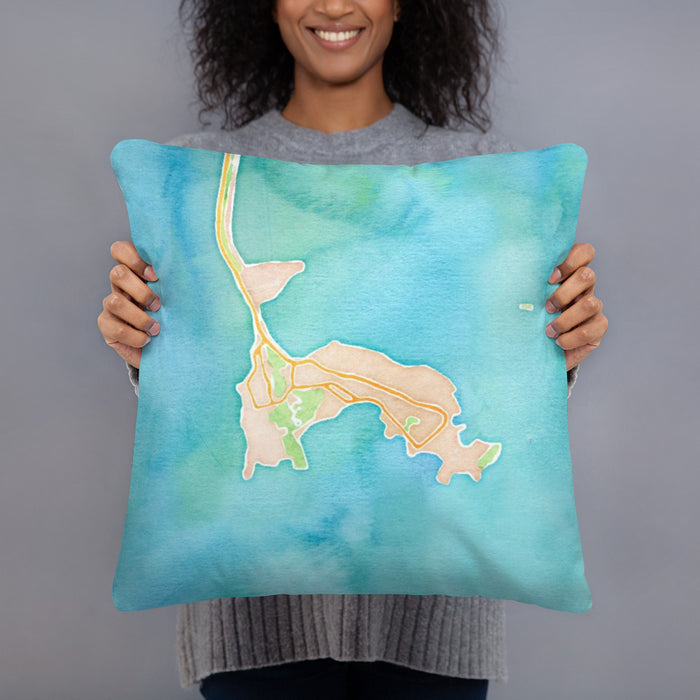 Person holding 18x18 Custom Nahant Massachusetts Map Throw Pillow in Watercolor