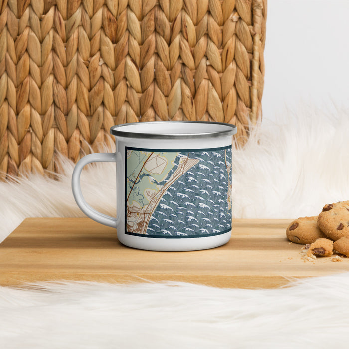 Left View Custom Nahant Massachusetts Map Enamel Mug in Woodblock on Table Top