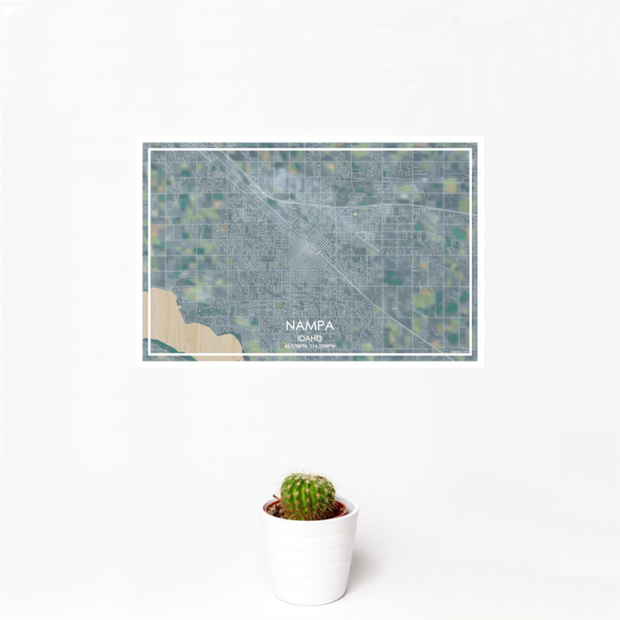 12x18 Nampa Idaho Map Print Landscape Orientation in Afternoon Style With Small Cactus Plant in White Planter