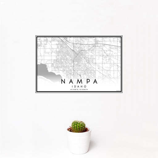 12x18 Nampa Idaho Map Print Landscape Orientation in Classic Style With Small Cactus Plant in White Planter