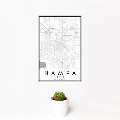 12x18 Nampa Idaho Map Print Portrait Orientation in Classic Style With Small Cactus Plant in White Planter