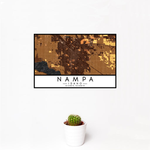 12x18 Nampa Idaho Map Print Landscape Orientation in Ember Style With Small Cactus Plant in White Planter