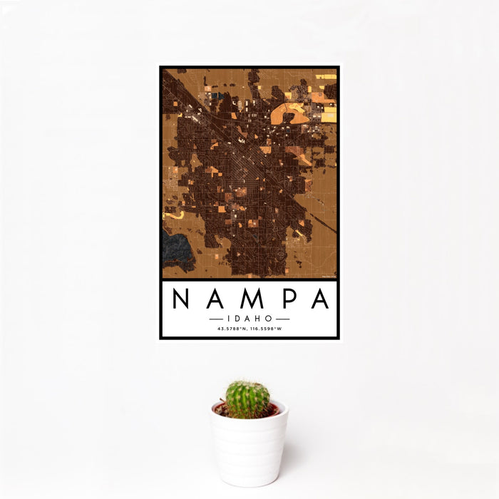 12x18 Nampa Idaho Map Print Portrait Orientation in Ember Style With Small Cactus Plant in White Planter