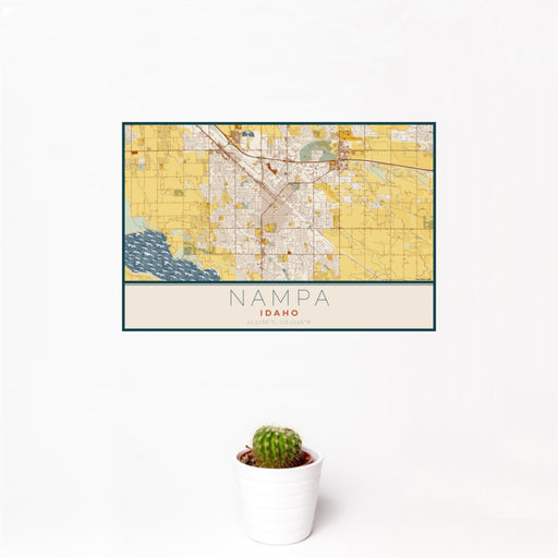 12x18 Nampa Idaho Map Print Landscape Orientation in Woodblock Style With Small Cactus Plant in White Planter